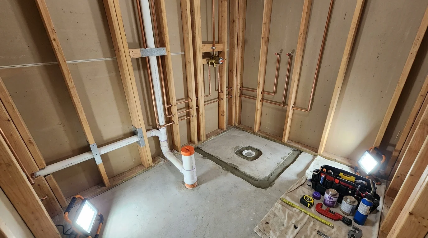 Bathroom rough-in plumbing during remodel by Johns Plumbing LLC in Saint Marys