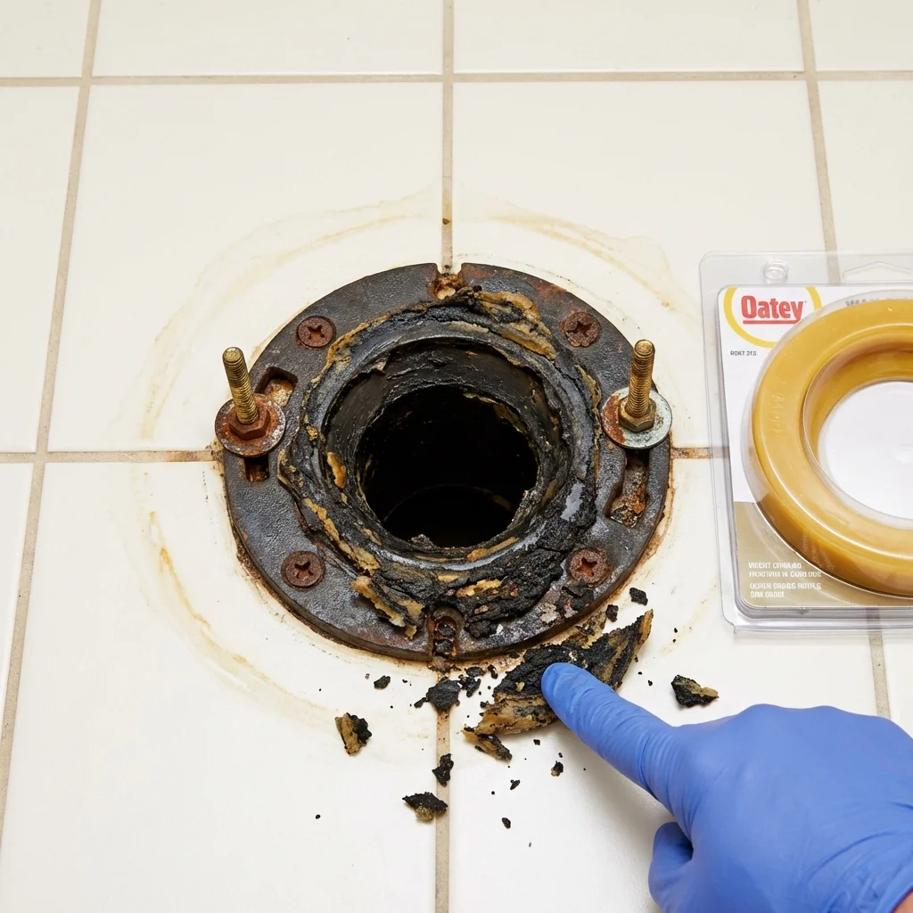 Failed wax ring showing water seepage at the base of a toilet in a Saint Marys, OH home