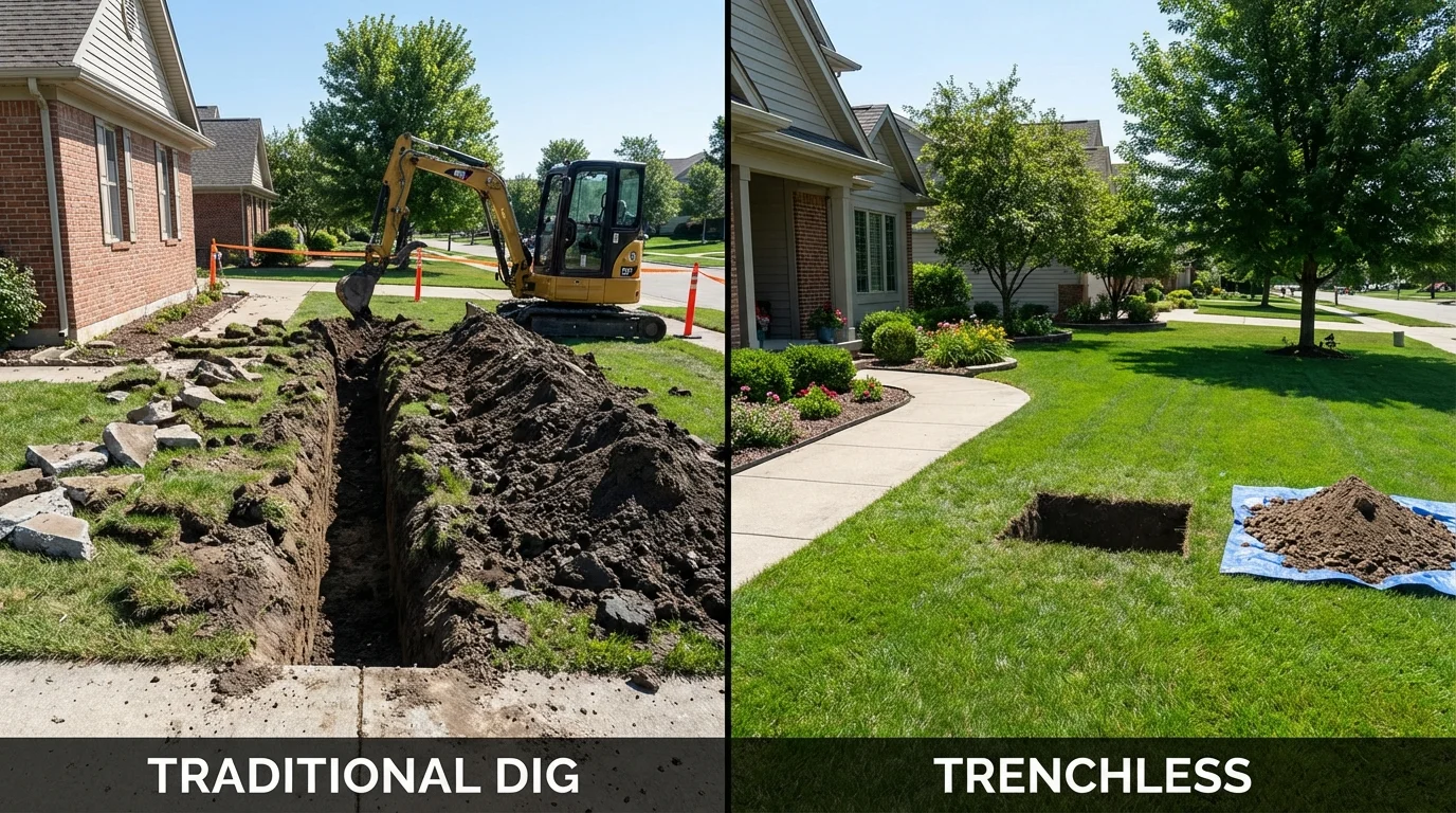Trenchless sewer repair with minimal yard damage versus traditional excavation in Saint Marys, OH