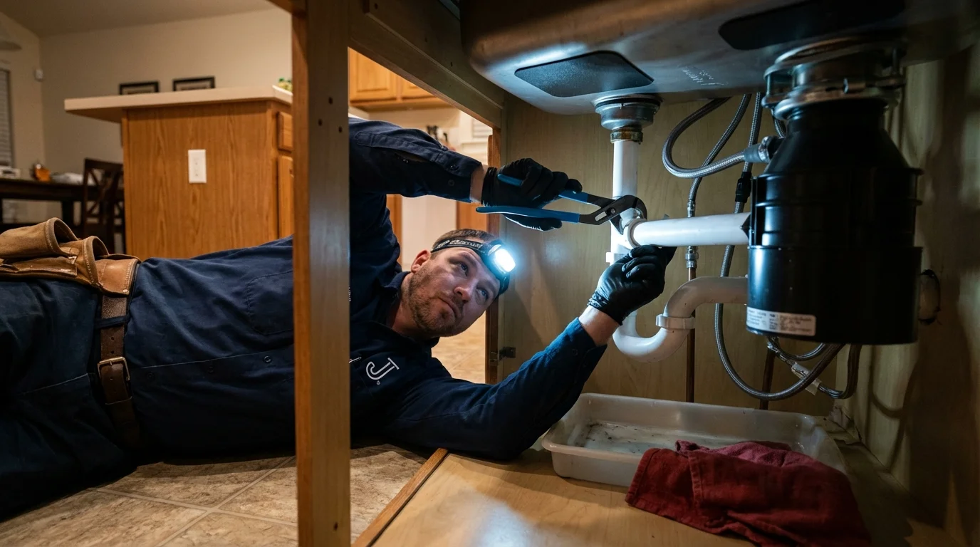 P-trap and supply line connections under a kitchen sink showing a common leak point in Saint Marys, OH